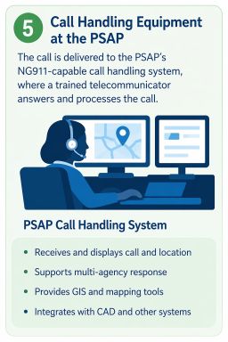 Call Handling Equipment - Block 5 - 25pct Call Handling Equipment at the PSAP. The call is delivered to the PSAP's NG911-capable call handling system, where a trained telecommunicator answers and processes the call.
